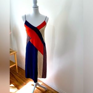 Blue, orange and cream DVF midi dress with side slit